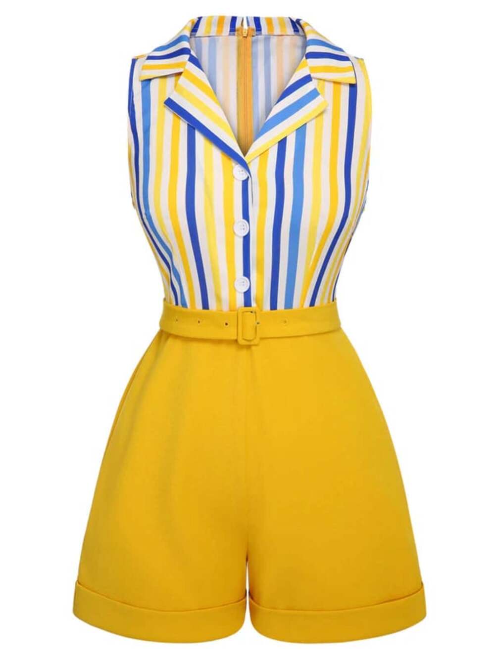 Retro Stage 1950s Yellow White Blue Striped Lapel Romper - Picture 1 of 6